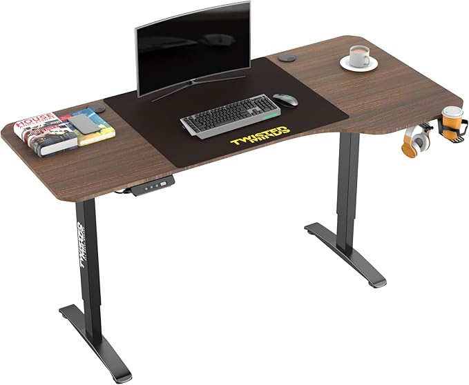 Twisted Minds T Shaped Gaming Desk Electric Height Adjustable-Right PC, Walnut Gaming Computer Desk - Desert Games