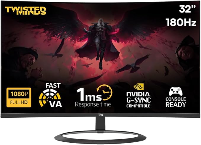 TWISTED MINDS TM32CFHD180VA Eclipse Series, Curved 31.5 Inch,1920x1080p FHD VA Panel, 180Hz Refresh Rate,1ms Response Time, MPRT, Black Gaming Monito - Desert Games