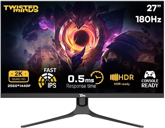 TWISTED MINDS TM27QHD180IPS Blaze Series, Flat 27 inch, 2560x1440p QHD IPS Panel, 180Hz, 0.5MS Response Time, HDR Black Gaming Monitor, HDMI 2.1 - Desert Games