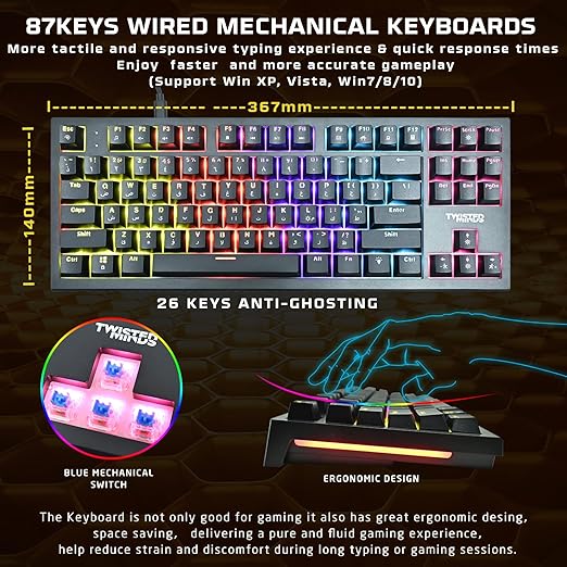 Twisted Minds 4-in-1 Gaming Bundle – TM-HORIZON-X - 87-Key Wired Mechanical Keyboard, Adjustable DPI, 40mm Driver Headset, Over sized 400×900×3MM Mouse Pad – Ergonomic Design for PC Gamer - Desert Games