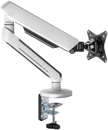 Twisted Minds 17"-32" Single Monitor Desk Mount - Ambient Relaxing RGB Lights - Articulating Aluminum Gas Spring Monitor Stand, Detachable VESA, C-Clamp, Grommet, Cable Management - White - Desert Games