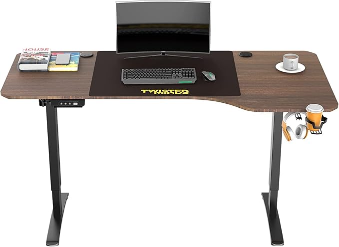 Twisted Minds T Shaped Gaming Desk Electric Height Adjustable-Right PC, Walnut Gaming Computer Desk - Desert Games