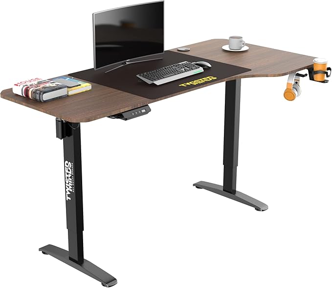 Twisted Minds T Shaped Gaming Desk Electric Height Adjustable-Right PC, Walnut Gaming Computer Desk - Desert Games
