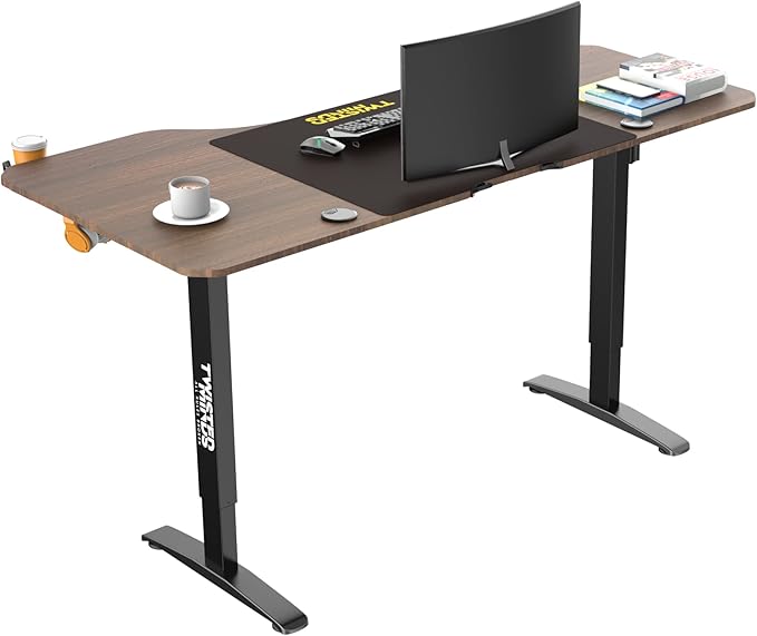 Twisted Minds T Shaped Gaming Desk Electric Height Adjustable-Right PC, Walnut Gaming Computer Desk - Desert Games