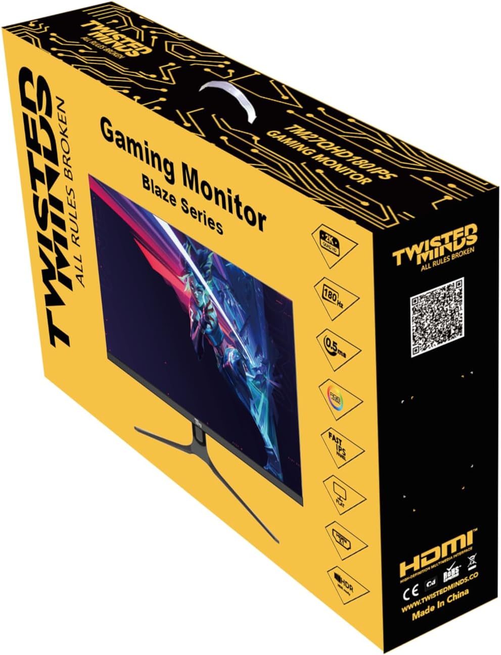 TWISTED MINDS TM27QHD180IPS Blaze Series, Flat 27 inch, 2560x1440p QHD IPS Panel, 180Hz, 0.5MS Response Time, HDR Black Gaming Monitor, HDMI 2.1 - Desert Games