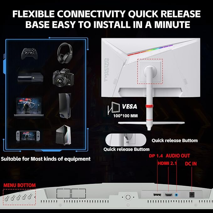 Twisted Minds TMA24FHD180IPS 24.5" FHD White Gaming Monitor, 180Hz Fast IPS, 0.5ms, HDR10, FreeSync, HDMI 2.1 & DP 1.4, Ambilight RGB, Adjustable Stand, PS5 Compatible - Desert Games
