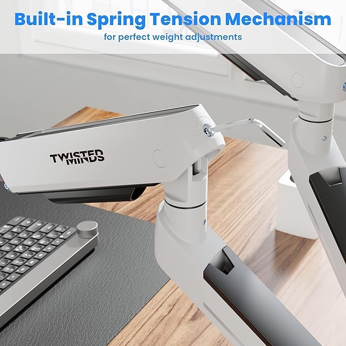 Twisted Minds 17"-32" Dual Monitor Desk Mount - Ambient Relaxing RGB Lights - Articulating Aluminum Gas Spring Monitor Stand, Detachable VESA, C-Clamp, Grommet, Cable Management - White - Desert Games