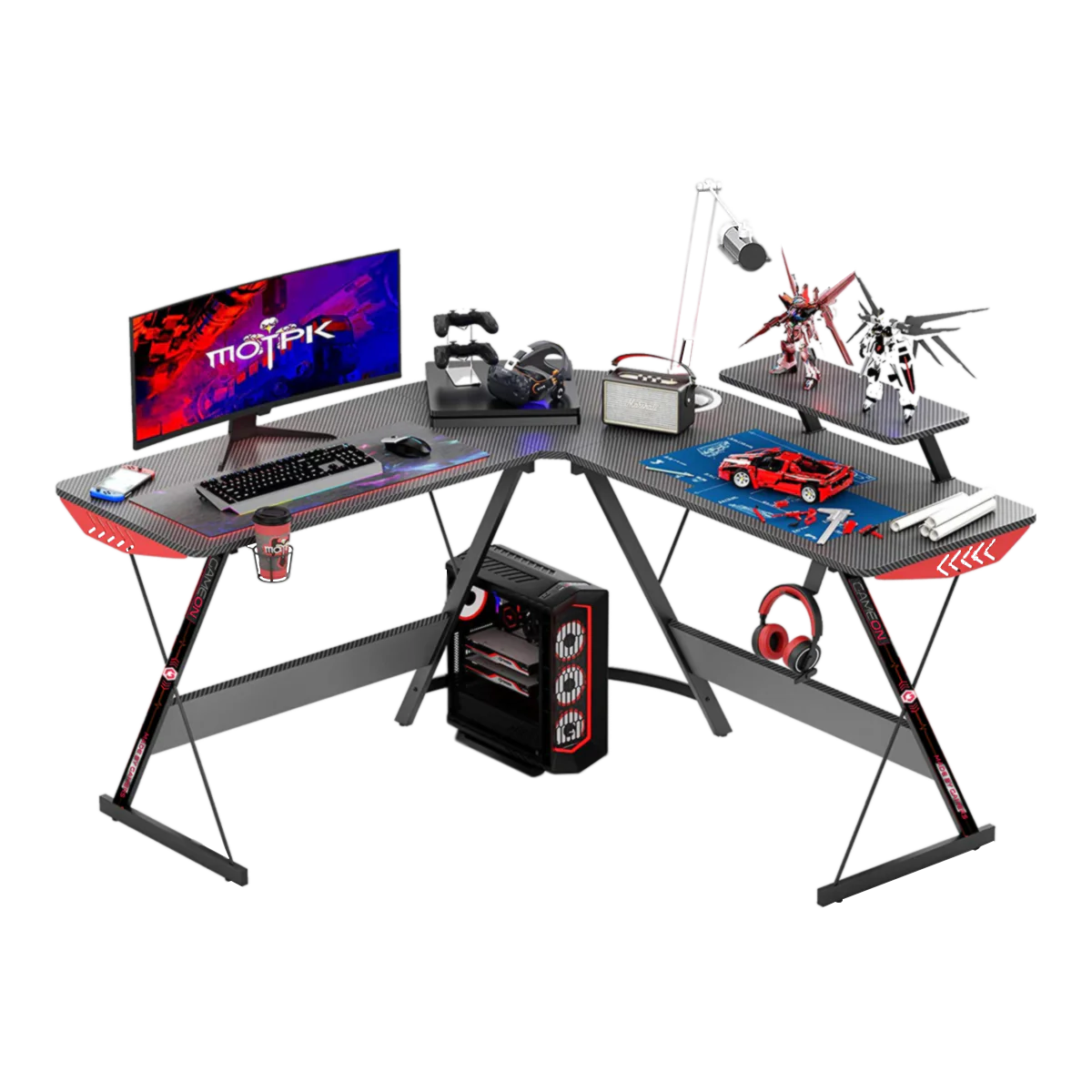 GAMEON L-Shaped Slayer I Series Gaming Desk (Size: 129*129*74cm & Table top 80*46cm) With Headset Hook, Cup Holder & Accessories Stand - Black - Desert Games