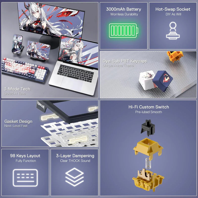 Redragon Eisa Pro K686 Pro Wired+2.4Ghz+BT Mechanical Keyboard - Desert Games