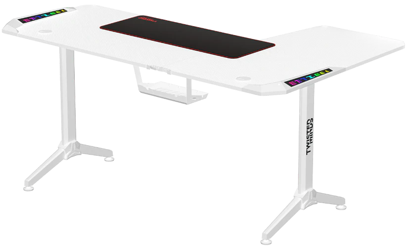 Twisted Minds WARRIOR L Shaped Gaming Desk RGB Left White - TM-Y-LW-RGB - Desert Games